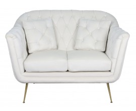 Luxusná art deco dvojmiestna sedačka Melisa so zamatovým poťahom s prešívaním v bielej farbe s dvomi vankúšmi a nožičkami z kovu v zlatej farbe