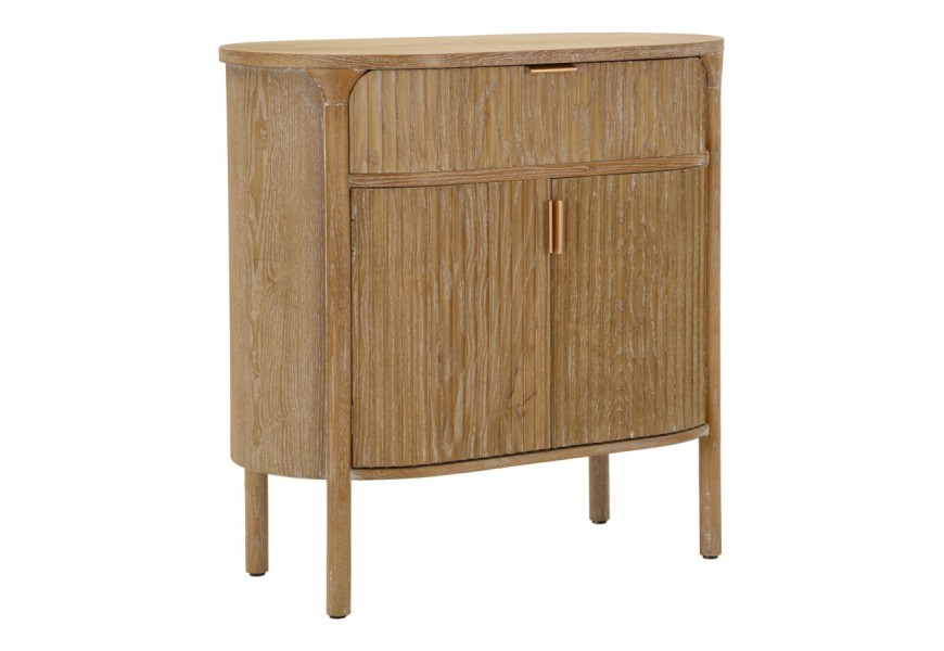 Štýlový vintage art deco prírborník Meer s dvomi dvierkami a zásuvkou z masívneho dreva v hnedej farbe s výraznou drážkovanou štruktúrou s úchytkami z kovu v zlatej farbe