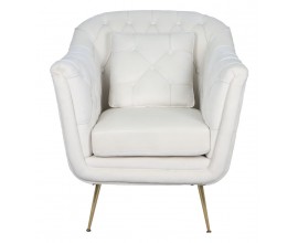 Luxusné glamour kreslo Melisa s čalúnením a poťahom so zamatovým leskom v bielej farbe s prešívaním a nožičkami z kovu v zlatej farbe s vankúšom v štvorcovom tvare