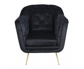 Luxusné art deco čierne čalúnené kreslo Melisa so zamatovým prešívaným poťahom a zlatými vysokými kovovými nožičkami 91 cm