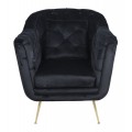 Luxusné glamour kreslo Melisa s čalúnením a poťahom so zamatovým leskom v čiernej farbe s prešívaním a vankúšom v štvorcovom tvare s vysokými nožičkami v zlatej farbe z kovu