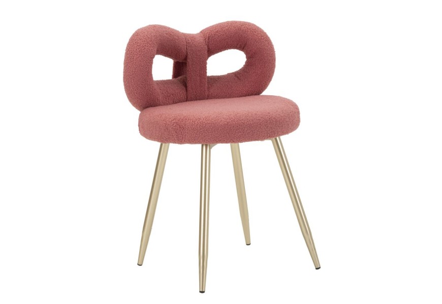 Moderná glamour čalúnená bouclé jedálenská stolička Janar s ružovým poťahom a kovovými zlatými nožičkami 67 cm 