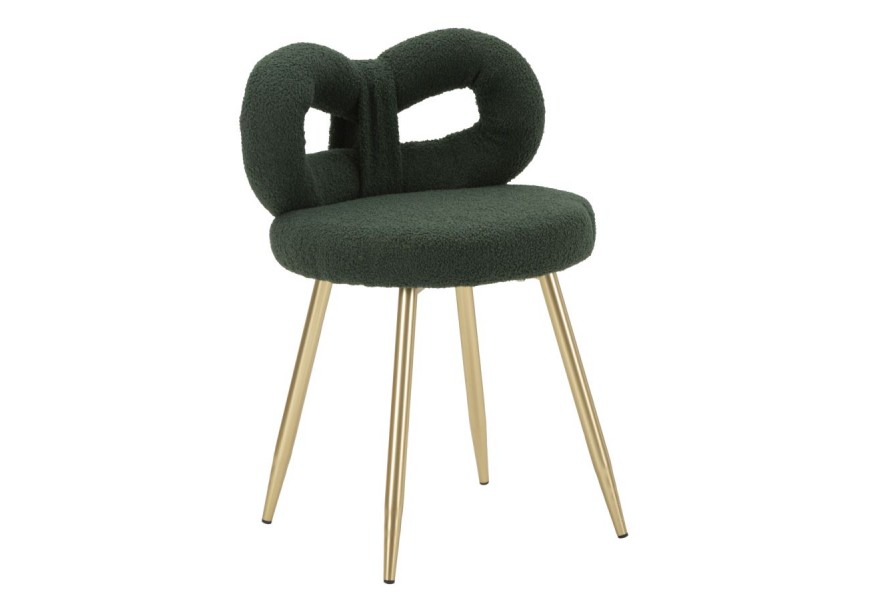 Moderná art deco jedálenská stolička Janar s bouclé poťahom v tmavo zelenej farbe s atypickým operadlom a okrúhlym sedadlom s nožičkami z kovu v zlatej farbe