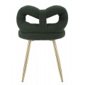 Moderná dizajnová čalúnená tmavo zelená jedálenská stolička Janar s bouclé poťahom a kovovými zlatými nožičkami 67 cm