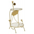 Dizajnový glamour príručný stolík Natura Elegante s kovovou konštrukciou v zlatej farbe s florálnym zdobením v okrúhlom tvare s vrchnou doskou a policou zo skla