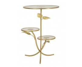 Dizajnový glamour okrúhly zlatý kovový príručný stolík Natura Elegante s florálnym motívom a sklenenými doskami 69 cm