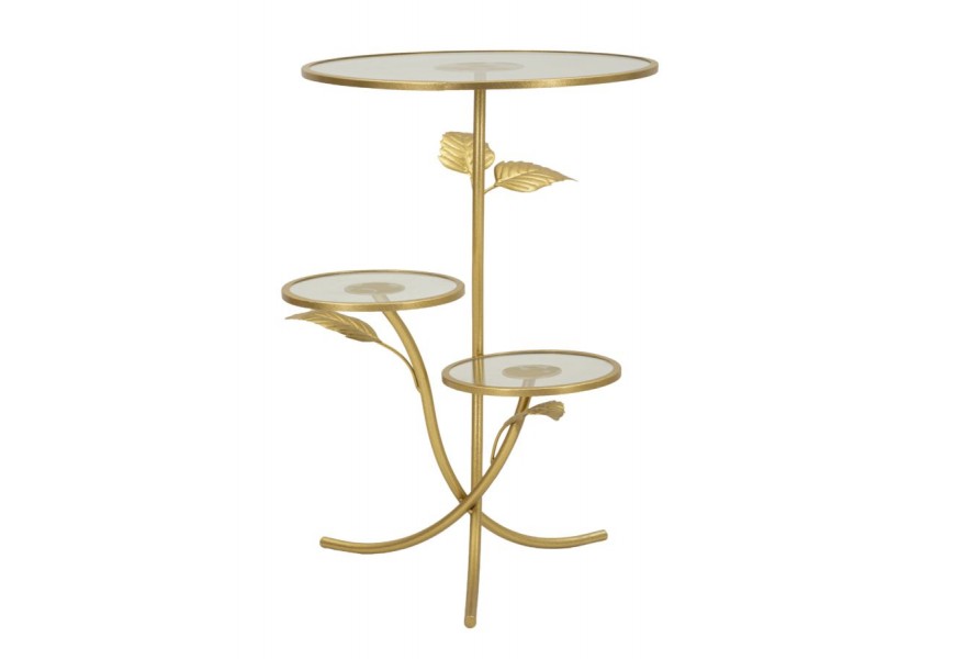 Dizajnový glamour okrúhly zlatý kovový príručný stolík Natura Elegante s florálnym motívom a sklenenými doskami 69 cm