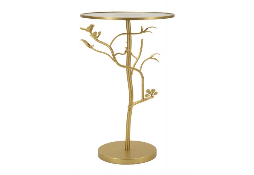 Dizajnový okrúhly zlatý kovový príručný stolík Natura Elegante s florálnym zdobením a vrchnou sklenenou doskou 60 cm