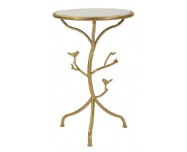 Dizajnový glamour príručný stolík Natura Elegante v okrúhlom tvare s kovovou konštrukciou v zlatej farbe s atypickou nohou v podobe konára s vtákmi s vrchnou bielou mramorovou doskou