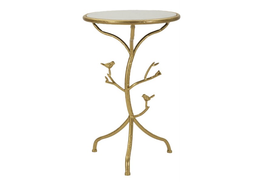 Dizajnový glamour príručný stolík Natura Elegante v okrúhlom tvare s kovovou konštrukciou v zlatej farbe s atypickou nohou v podobe konára s vtákmi s vrchnou bielou mramorovou doskou