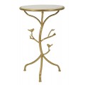 Dizajnový glamour príručný stolík Natura Elegante v okrúhlom tvare s kovovou konštrukciou v zlatej farbe s atypickou nohou v podobe konára s vtákmi s vrchnou bielou mramorovou doskou