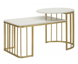 Luxusný glamour konferenčný stolík Hera s dvomi doskami s bielou mramorovou doskou so sivými žilkami s obdlžnikovým a okrúhlym tvarom a zlatou konštrukciou z tyčí