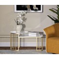 Dizajnový art deco mramorový konferenčný stolík Hera s kovovou zlatou konštrukciou v okrúhlom a obdĺžnikovom tvare 90 cm
