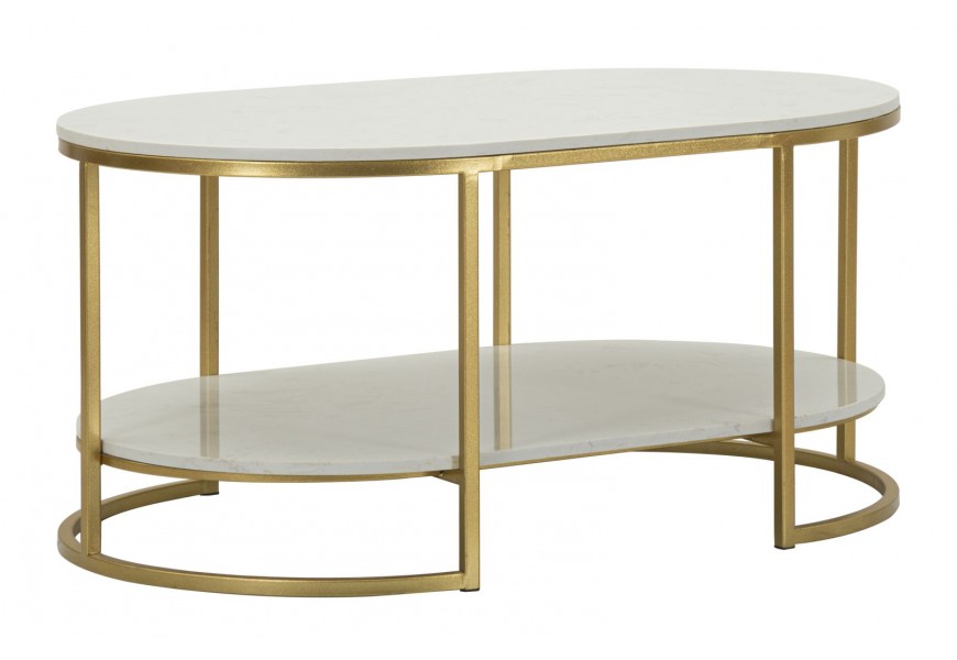 Art deco oválny konferenčný stolík Auria s bielym mramorovým dizajnom so zlatou kovovou konštrukciou a odkladacou policou 90 cm