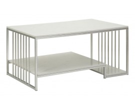 Štýlový obdĺžnikový art deco strieborný kovový konferenčný stolík Silviana s policou a bielym mramorovým dizajnom 90 cm
