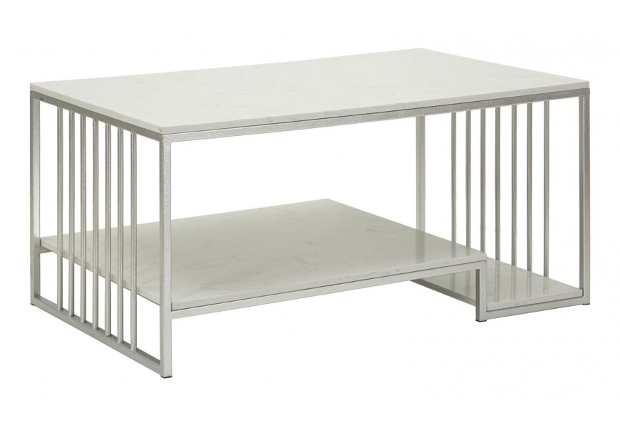 &Scaron;t&yacute;lov&yacute; obdĺžnikov&yacute; art deco strieborn&yacute; kovov&yacute; konferenčn&yacute; stol&iacute;k Silviana s policou a bielym mramorov&yacute;m dizajnom 90 cm