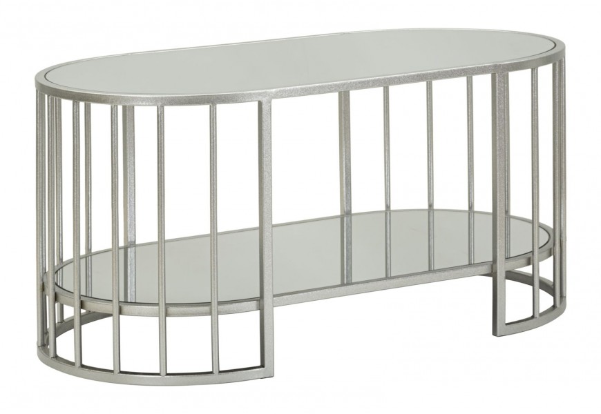 Štýlový glamour konferenčný stolík Silvario v oválnom tvare s konštrukciou z tenkých kovových tyčí v striebornom prevedení s vrchnou doskou a policou zo zrkadlového skla
