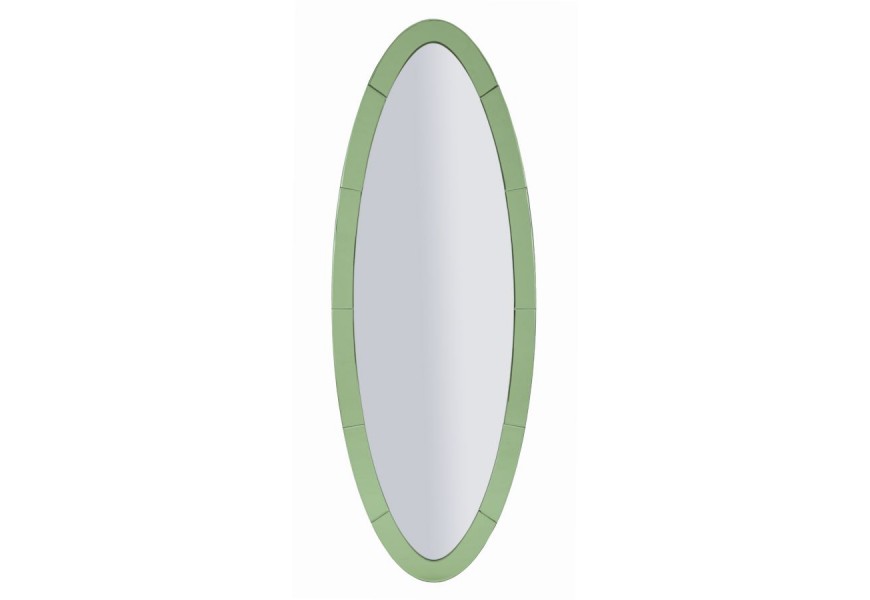 Moderné oválne nástenné zrkadlo Retal s rámom zo zeleného skla a elegantným segmentovým dizajnom s drevenou výstuhou