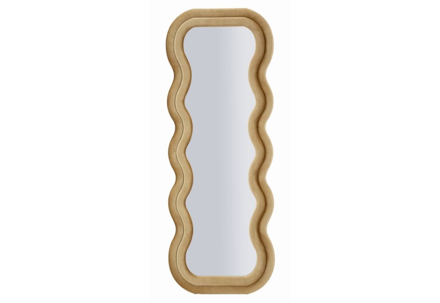 Moderné obdĺžnikové zrkadlo Swan v béžovej farbe s vlnitým dvojitým rámom so zamatovým poťahom a oválnou zrkadlovou plochou potiahnutou aj zo zadnej strany s dyhovanou výstuhou