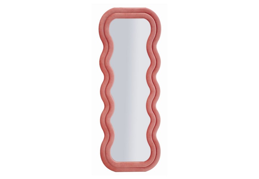 Dizajnové nástenné zrkadlo Swan v ružovej farbe s dvojitým vlnitým rámom a zamatovým poťahom v atypickom obdĺžnikovom tvare vystužené dyhovaným drevom