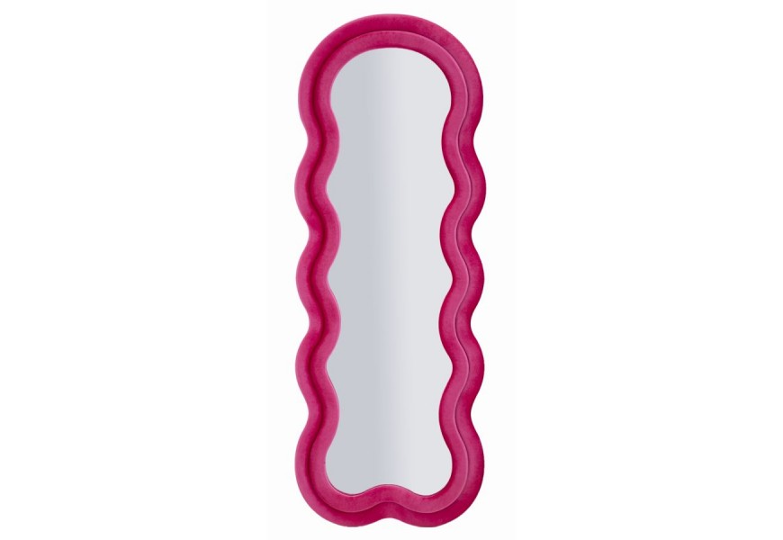 Dizajnové nástenné ružové zrkadlo Swan s vlnitým rámom a klenutým vrchným oblúkom so zamatovým poťahom 160 cm