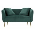 Glamour obdĺžniková zelená zamatová čalúnená dvojmiestna sedačka Lienne s oblými opierkami a zlatými kovovými nožičkami 127 cm