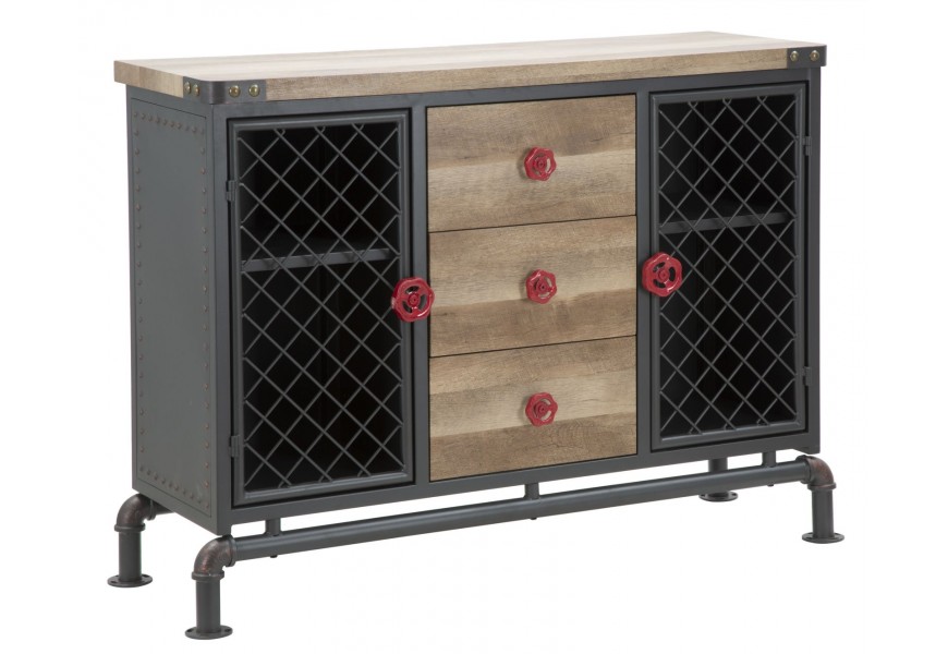 Industriálny príborník Melas s kovovou čiernou konštrukciou s priehľadnými mriežkovými dvierkami a drevenými zásuvkami s červenými ventilovými rúčkami