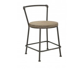 Industriálna stolička Norton s tenkou kovovou konštrukciou s patinou a okrúhlym sedadlom z masívneho dreva s výraznou štruktúrou