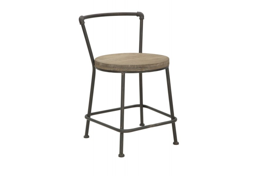 Industriálna stolička Norton s tenkou kovovou konštrukciou s patinou a okrúhlym sedadlom z masívneho dreva s výraznou štruktúrou