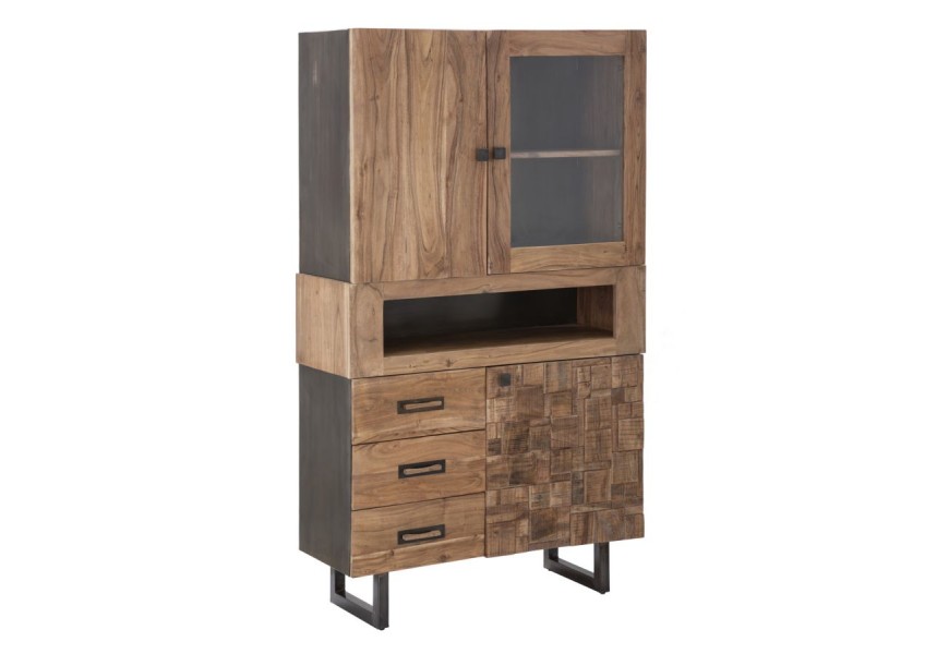 Industriálna vitrína Cubilio z akáciového dreva s geometrickým dekorom a kovovými nohami v čiernej farbe