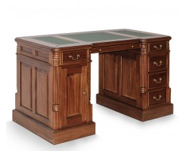 Luxusný koloniálny masívny písací stôl M-Vintage so šiestimi zásuvkami a jednou skrinkou z mahagónového dreva v červeno hnedom odtieni s koženou písacou podložkou v zelenej farbe a kovovými úchytkami v bronzovom prevedení