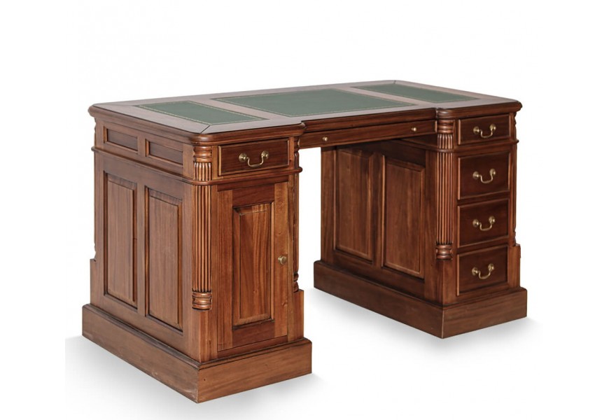 Luxusný koloniálny masívny písací stôl M-Vintage so šiestimi zásuvkami a jednou skrinkou z mahagónového dreva v červeno hnedom odtieni s koženou písacou podložkou v zelenej farbe a kovovými úchytkami v bronzovom prevedení