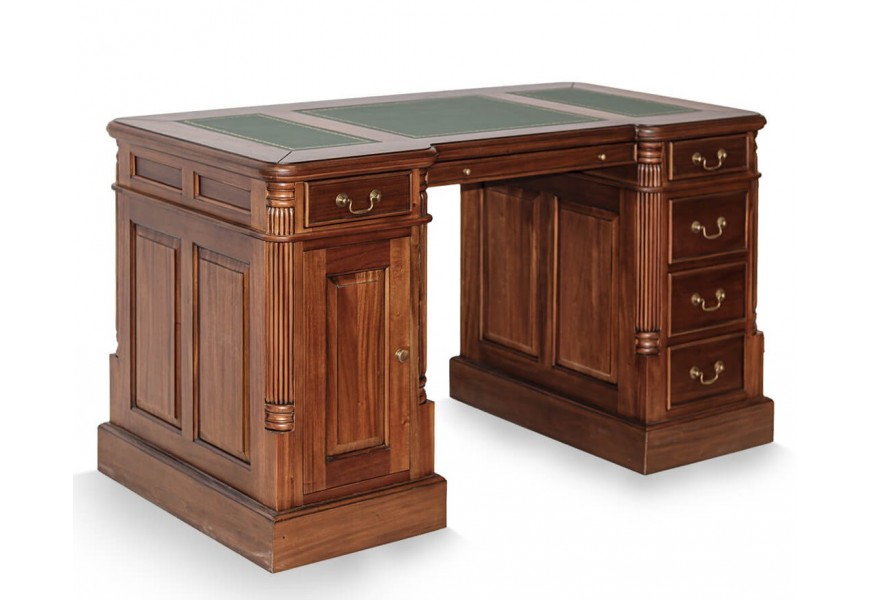 Luxusný koloniálny písací stôl M-Vintage z masívneho mahagónového dreva v hnedej farbe s červenkastým nádychom s koženou písacou podložkou v tmavo zelenej farbe so skrinkou a šiestimi poličkami zdobená vyrezávanými detailmi a kazetovým dizajnom