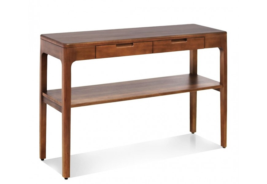 Luxusný koloniálny hnedý obdĺžnikový konzolový stolík Liberia z masívneho mahagónového dreva s červenkastými odtieňmi a policou a dvomi zásuvkami pod vrchnou doskou