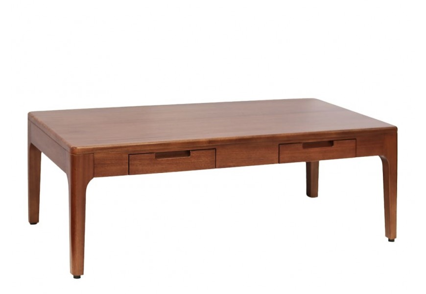 Luxusný masívny mahagónový hnedý konferenčný stolík Liberia s obdĺžnikovou vrchnou doskou s dvomi nízkymi zásuvkami so štyrmi štíhlymi nožičkami so zaoblenou vonkajšou hranou