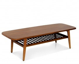 Luxusný koloniálny mahagónový konferenčný stolík s obdĺžnikovou vrchnou doskou so zaoblenými rohmi a s retro šikmými nožičkami s policou s mriežkou