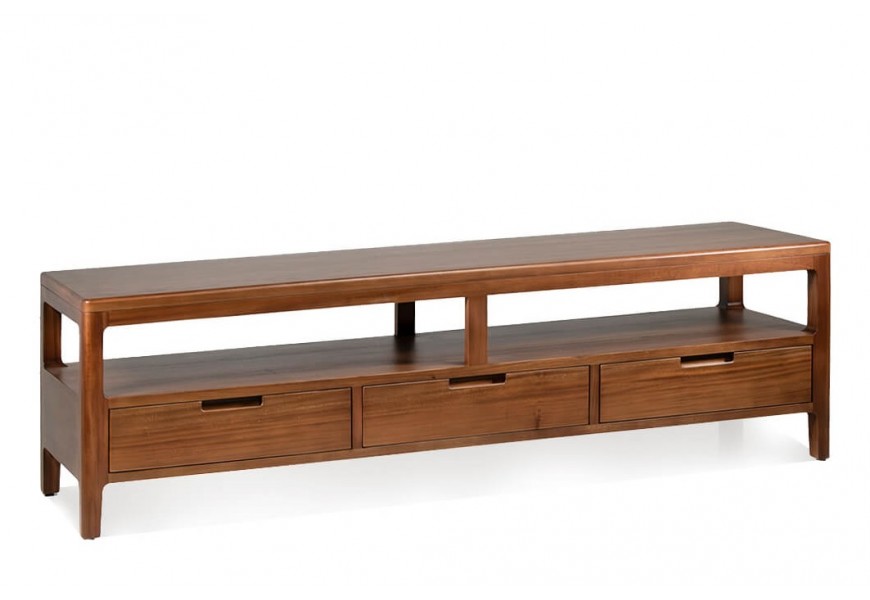 Luxusný masívny mahagónový hnedý televízny stolík Liberia s jednou veľkou policou a tromi zásuvkami a výraznou kresbou letokruhov