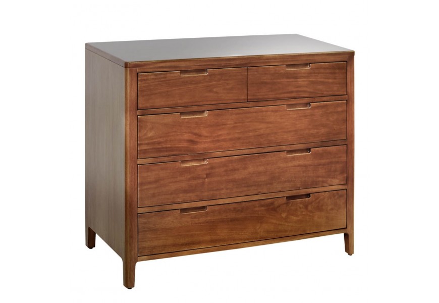 Luxusná moderná komoda Liberia s koloniálnym nádychom z masívneho mahagónového dreva v teplej hnedej farbe s tromi širokými zásuvkami a dvomi úzkymi zásuvkami s úchytkami v obdĺžnikovom tvare