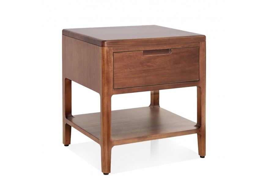 Luxusný koloniálny masívny nočný stolík Liberia v naturálnej hnedej farbe mahagónového dreva so zásuvkou a policou s dlhými nožičkami so zaoblenou vonkajšou hranou