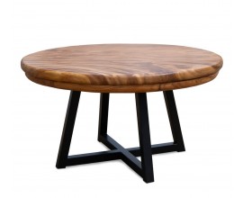 Luxusný industriálny jedálenský stôl Juviano s okrúhlou vrchnou doskou z dreva suar v výraznou kresbou letokruhov s medovej hnedej farbe s podstavou s kovu zo štyrmi nohami v krížovou základňou