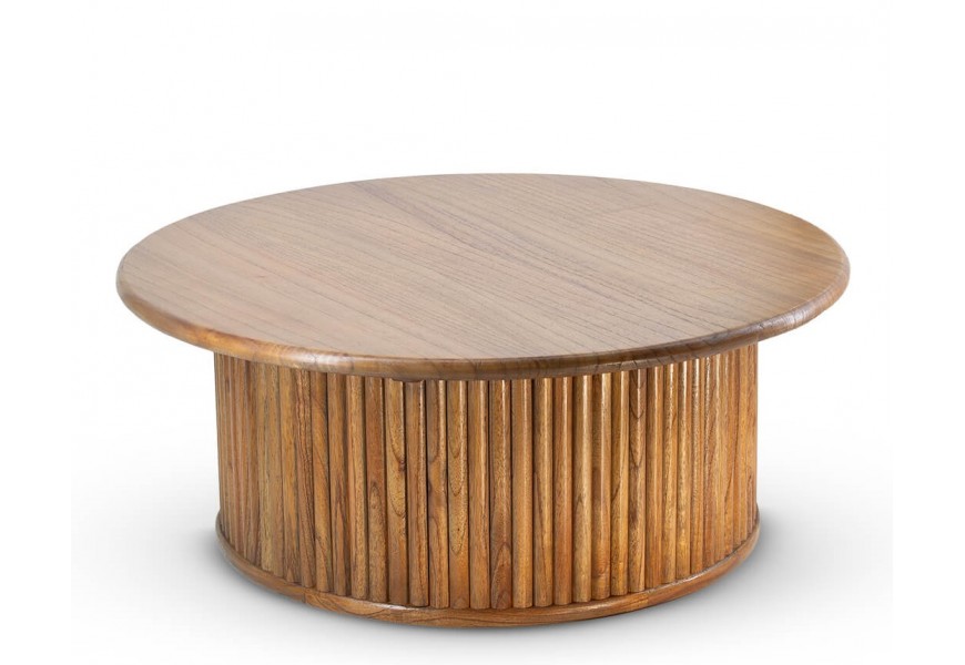 Luxusný masívny svetlohnedý konferenčný stolík Nauru z dreva mindi s výraznou kresbou letokruhov a jednou mohutnou valcovitou nohou s drážkovaným reliéfom