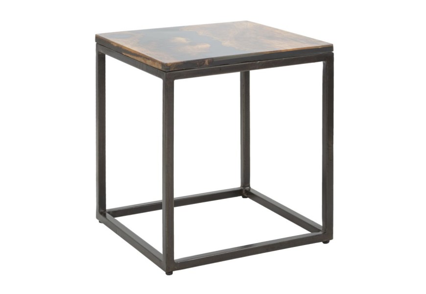 Industriálny príručný stolík Selvaggio so štvorcovou doskou z masívneho akáciového dreva s čiernou živicou a čiernym kovovým rámom