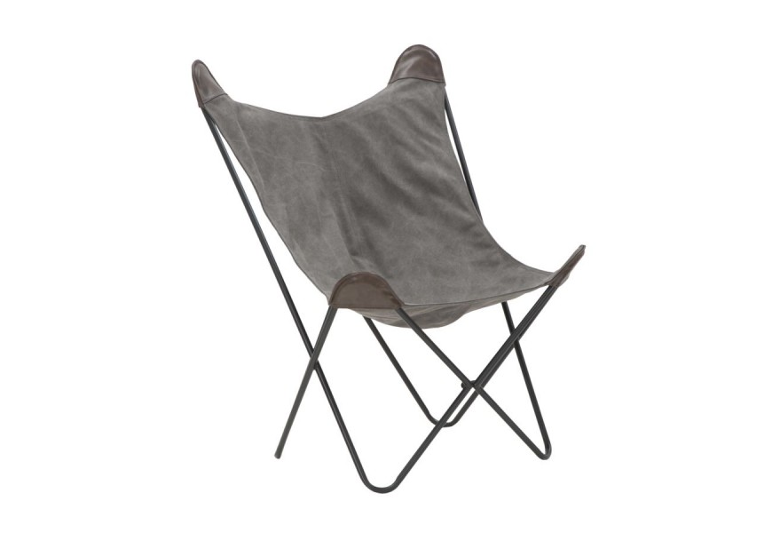 Industriálne atypické kreslo Glady v sivej farbe s konštrukciou z kovu a sedadlom z textilu