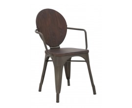 Industriálna jedálenská stolička Glady z tmavého masívneho dreva s oválnym operadlom a tmavosivou kovovou konštrukciou s prekrížením