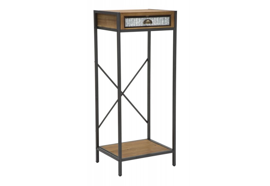 Štýlový industriálny príručný stolík Glady s drevenou policou a zásuvkou s plechovou výplňou 98 cm