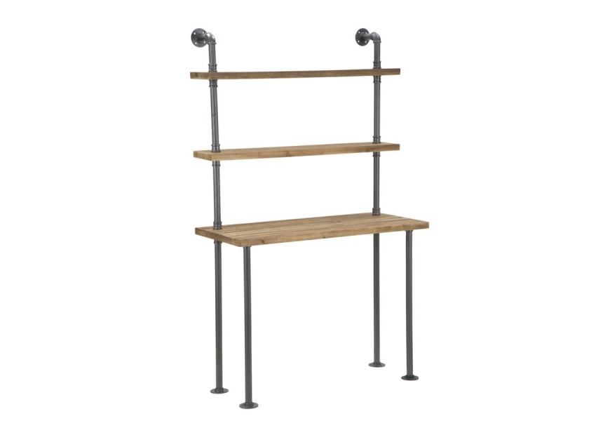 Industriálny písací stôl Glady z masívneho dreva v hnedej farbe so sivou kovovou konštrukciou v podobe potrubí s dvomi policami v obdĺžnikovom tvare