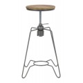 Industriálna okrúhla barová stolička Glady z kovu s otočným hnedým dreveným sedadlom a výškovo nastaviteľnou skrutkou 55 cm