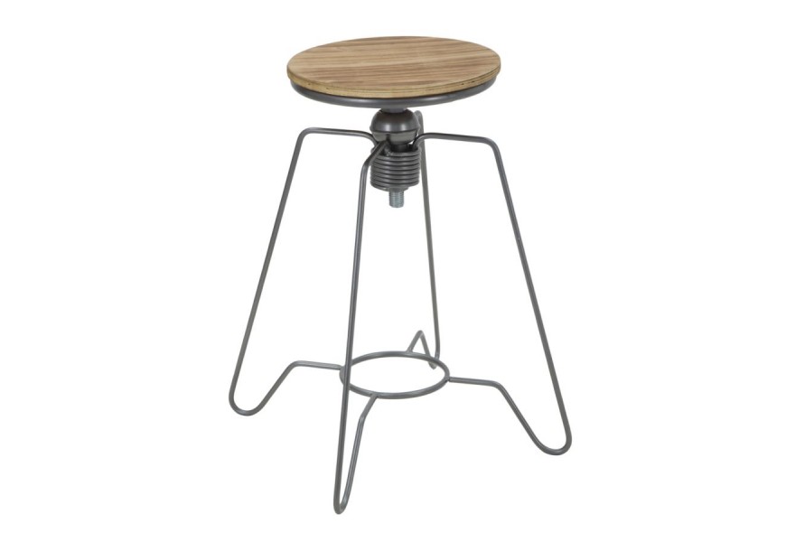 Industriálna kovová barová stolička Glady s tmavo sivou konštrukciou a dreveným hnedým sedadlom s otočným a výškovo nastaviteľným mechanizmom skrutkovania v strede konštrukcie s detailom pripomínajúcim pružinu a kruhovou spojnicou nožičiek