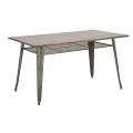 Industriálny jedálenský stôl Glady v obdĺžnikovom tvare so zaoblenými kovovými nožičkami v tmavosivej farbe a drevenou doskou s kovovým mriežkovaným odkladacím priestorom