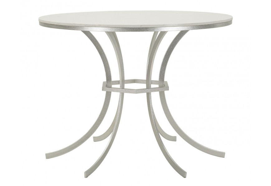 Art deco jedálenský mramorový stôl Florenzo v bielej farbe sivými žilkami a striebornou kovovou konštrukciou s vytočenými nohami a šesťuholníkovou spojnicou